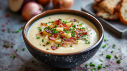 Eine dunkle Schüssel mit Zwiebelcremesuppe mit Apfel und Speck garniert mit frischem Schnittlauch. Die Schüssel steht auf einer grauen Arbeitsfläche. Im Hintergrund liegen ein paar Zwiebeln und es steht ein Teller mit gerösteten knusprigen Brotstücken. Um die Zwiebelcremesuppe liegt auch frischer Schnittlauch verstreut.