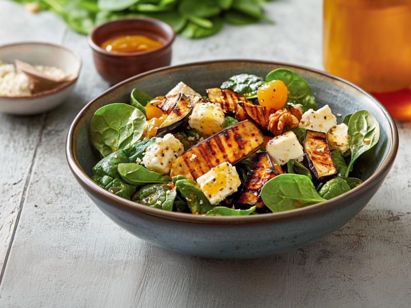 Ein Schüssel mit Auberginen-Spinat-Salat, der zusätzlich Feta und Physalis enthält. Die Schüssel steht auf einer grauen Oberfläche. Hinter der Schüssel stehen kleine Schalen mit Salz und Honig. Außerdem steht ein Glasgefäß mit Apfelessig dabei. Es liegt noch Blattspinat und einzelne Walnüsse herum.