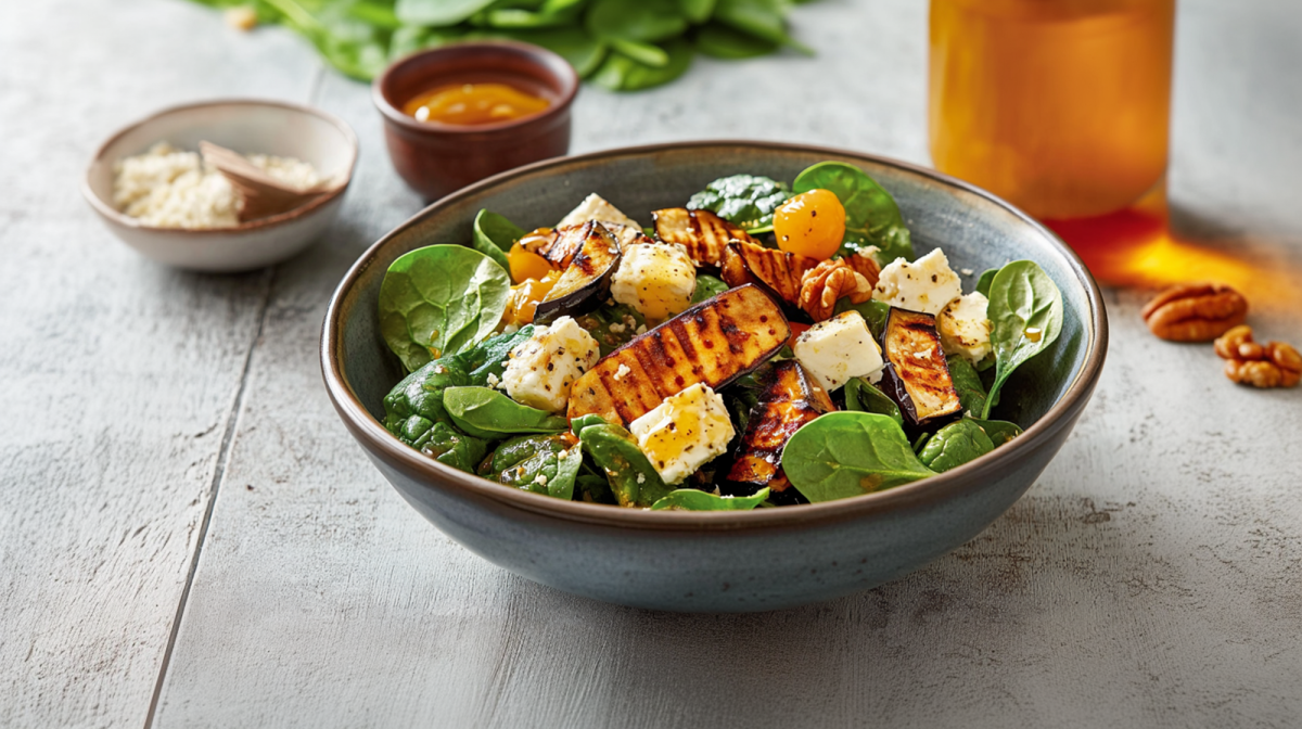 Ein Schüssel mit Auberginen-Spinat-Salat, der zusätzlich Feta und Physalis enthält. Die Schüssel steht auf einer grauen Oberfläche. Hinter der Schüssel stehen kleine Schalen mit Salz und Honig. Außerdem steht ein Glasgefäß mit Apfelessig dabei. Es liegt noch Blattspinat und einzelne Walnüsse herum.