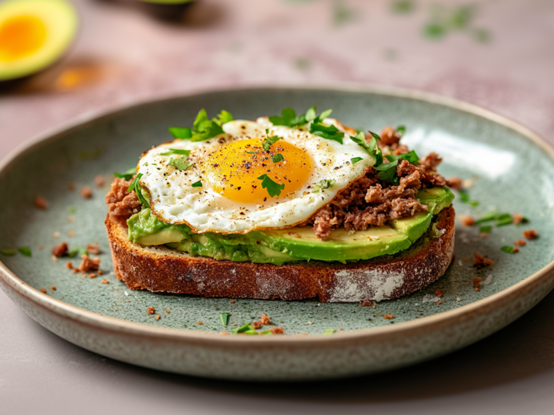 Ein Teller mit einem Avocado-Hack-Brot mit Spiegelei, das mit frischen Kräuter garniert ist. Um das Brot herum liegen im Hintergrund 2 einzelne Tomaten und eine halbe Avocado.