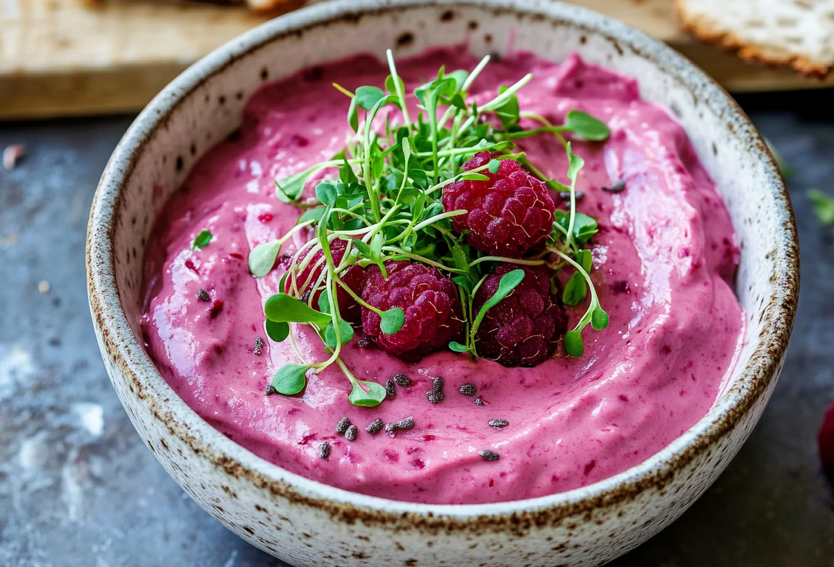 Eine Schüssel Avocado-Himbeer-Aufstrich, garniert mit Sprossen und frischen Himbeeren.