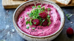 Eine Schüssel Avocado-Himbeer-Aufstrich, garniert mit Sprossen und frischen Himbeeren.