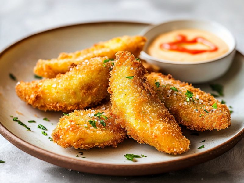 Ein Teller mit einigen knusprig frittierten Avocado-Wedges. Auf dem Teller steht auch ein kleines Schälchen mit Sriracha-Mayo-Dip. Die Avocado-Wedges sind mit Meersalz und klein gehackten frischen Kräutern garniert.