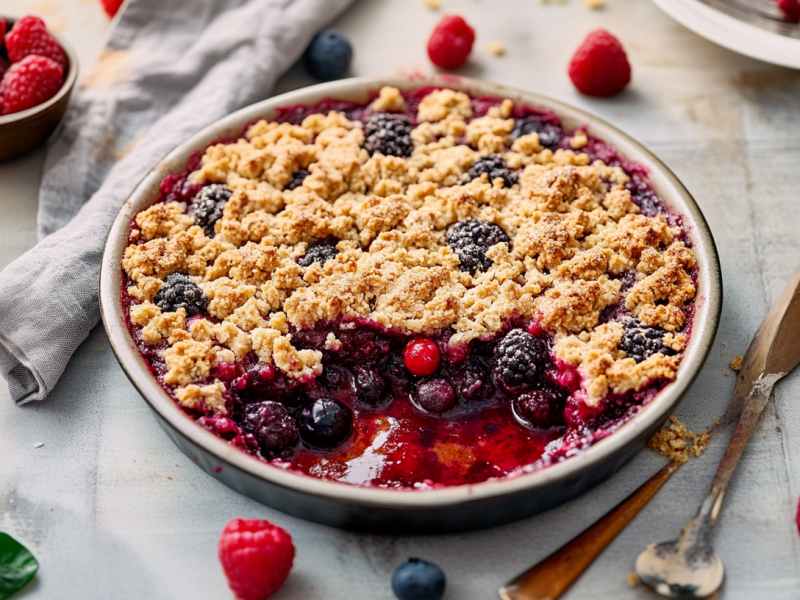 Beeren-crumble in einer Auflaufform. Rechts neben der Form liegen ein Messer und ein Löffel. Um die Form verteilt liegen mehrere Beeren. Links ist ein übergeschlagenes Tuch zu sehen sowie eine kleine Schale mit Himbeeren.