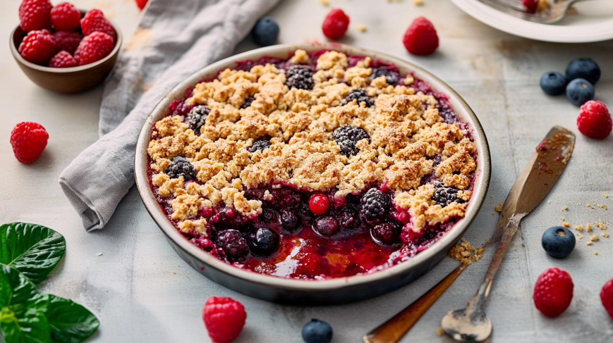 Beeren-crumble in einer Auflaufform. Rechts neben der Form liegen ein Messer und ein Löffel. Um die Form verteilt liegen mehrere Beeren. Links ist ein übergeschlagenes Tuch zu sehen sowie eine kleine Schale mit Himbeeren.