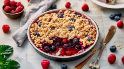 Beeren-crumble in einer Auflaufform. Rechts neben der Form liegen ein Messer und ein Löffel. Um die Form verteilt liegen mehrere Beeren. Links ist ein übergeschlagenes Tuch zu sehen sowie eine kleine Schale mit Himbeeren.