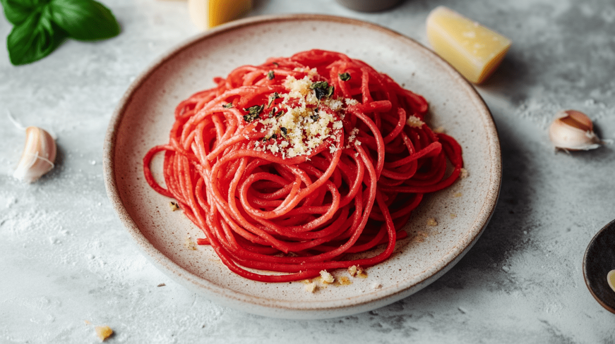 In Rotwein gekochte betrunkene Spaghetti liegen auf einem Teller. Sie sind mit etwas Parmesan bersteut. Nebe dem Teller liegt eine Knoblauchzehe sowie ein Stück Parmesan. Links oben im Bild liegt etwas frischer Basilikum.