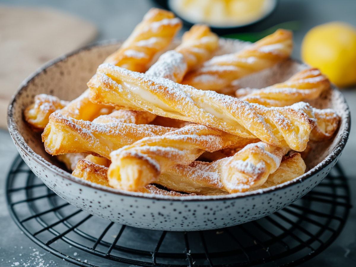 Eine Schüssel mit Blätterteig-Quarkstangen, die mit Puderzucker bestäubt sind. Die Schüssel steht auf einem Gitter-Untersetzer. Im Hintergrund liegt ein Holzbrett, auf dem Mehl oder Puderzucker verstreut ist. Außerdem liegen im Hintergrund zwei Zitronen.