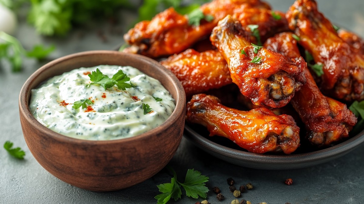 Eine Holzschale Blauschimmelkäse-Dip neben einem Teller Chicken Wings, Nahaufnahme.