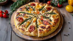 Ein rundes Blumen-Focaccia liegt auf einem Holzteller. Es ist mit Rosmarin, Tomaten, gelben und orangenen Paprika dekoriert. Im Hintergrund liegen weitere frische Kräuter, Tomaten und Paprika.