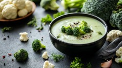 Schale Blumenkohl-Brokkoli-Suppe mit Brokkoli und Blumenkohl daneben