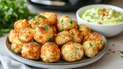 Teller mit Blumenkohl-Käse-Bällchen aus dem Airfryer, Avocado-Dip daneben