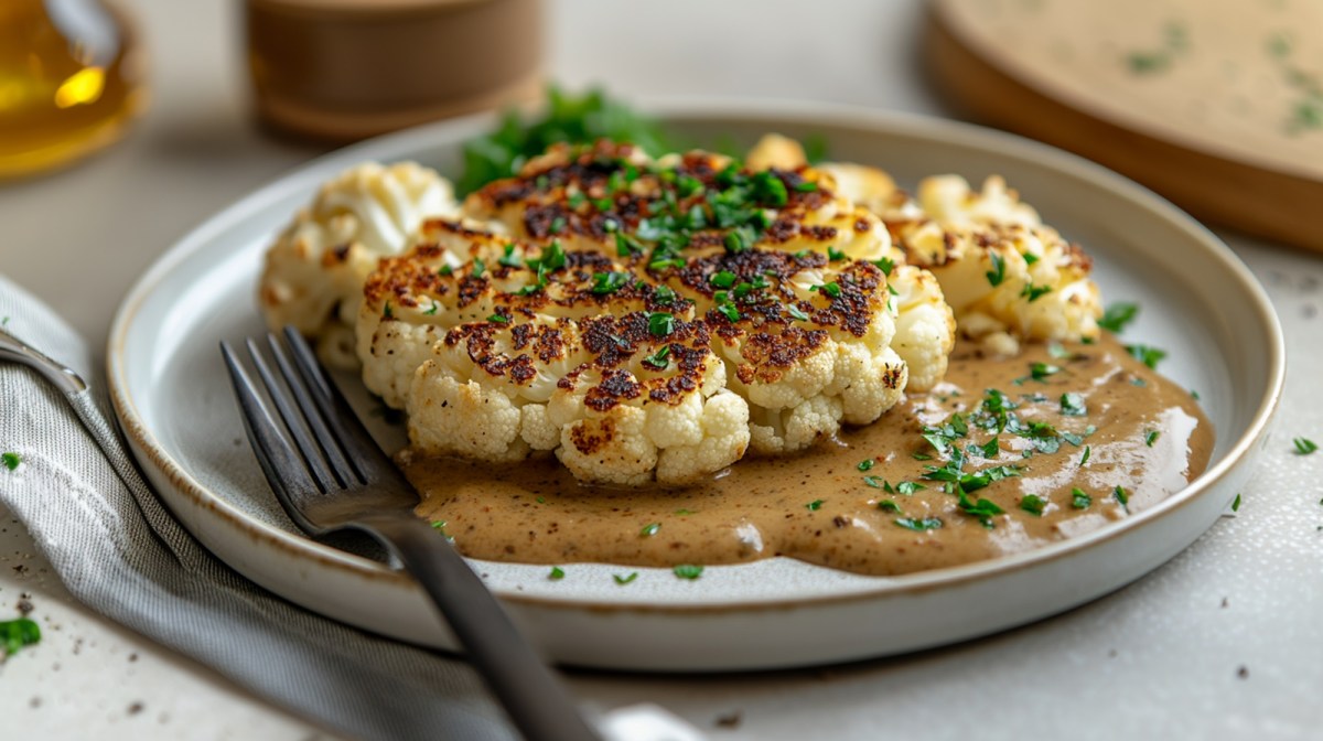 Blumenkohl-Steak mit Pfeffersoße auf einem grauen Teller