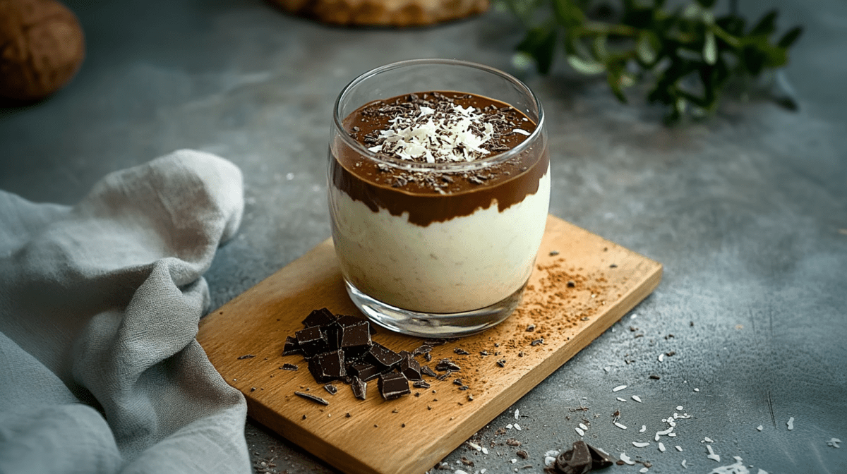 Ein Glas mit Bounty Overnight Oats, die mit einer Schichte dunkler Schokolade überzogen und mit Kokosraspeln bestreut sind. Das Glas steht auf einem Holzbrett, auf dem gehackte Zartbitterschokolade liegt. Neben dem Brett ist ein Küchenhandtuch drapiert. Im Hintergrund kann man eine Kokosnuss und einen grünen Strauch erkennen.