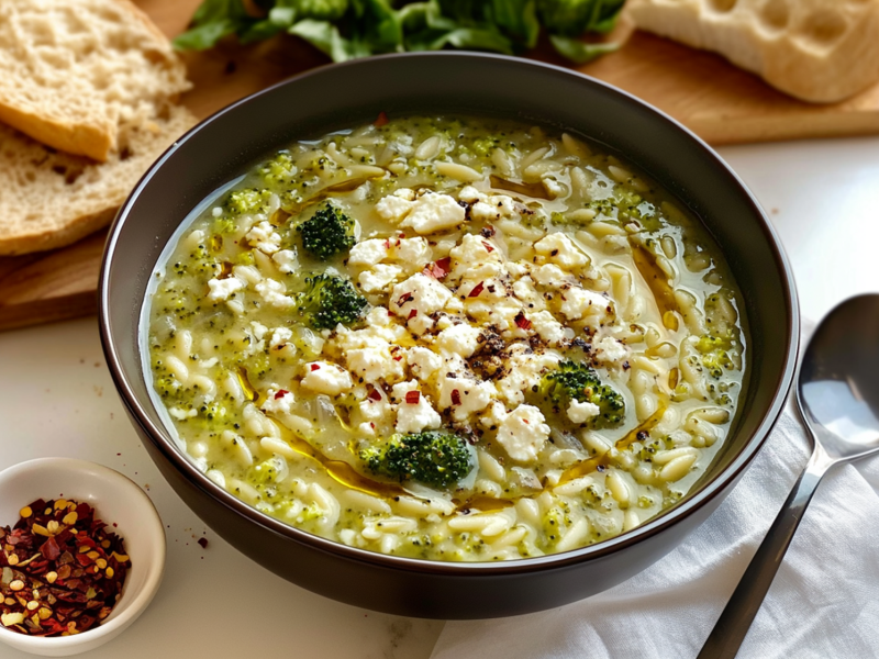 Eine große Schüssel voll mit Brokkoli-Orzo-Suppe mit Feta, beträufelt mit Olivenöl und bestreut mit Chiliflocken. Die Schüssel steht auf einer weißen Arbeitsfläche. Rechts neben der Schüssel liegt eine weiße Stoffserviette mit einem Löffel. Links neben der Suppenschüssel steht eine kleine Schale mit Chiliflocken. Hinter der Brokkoli-Orzo-Suppe liegt ein Brett, auf dem aufgeschnittenes Weißbrot und ein Bund frischer Kräuter liegt.