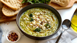 Eine große Schüssel voll mit Brokkoli-Orzo-Suppe mit Feta, beträufelt mit Olivenöl und bestreut mit Chiliflocken. Die Schüssel steht auf einer weißen Arbeitsfläche. Rechts neben der Schüssel liegt eine weiße Stoffserviette mit einem Löffel. Links neben der Suppenschüssel steht eine kleine Schale mit Chiliflocken. Hinter der Brokkoli-Orzo-Suppe liegt ein Brett, auf dem aufgeschnittenes Weißbrot und ein Bund frischer Kräuter liegt.