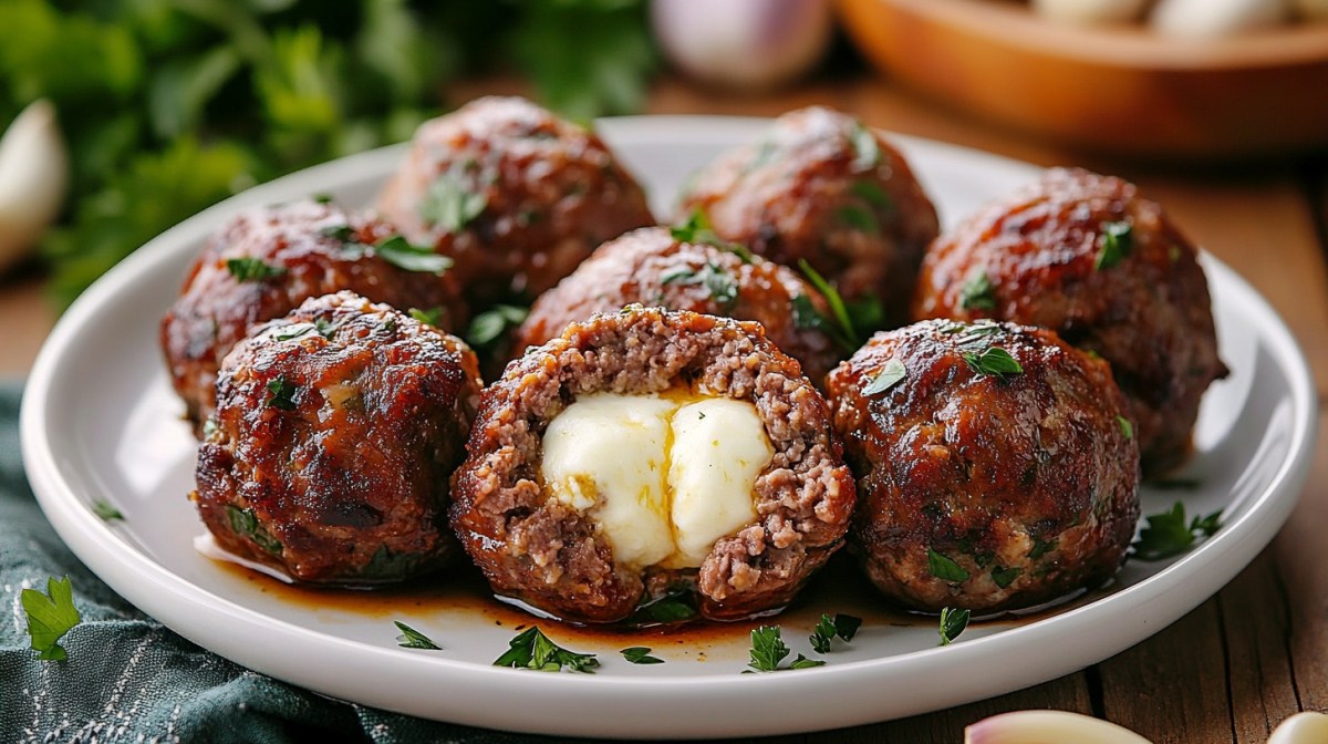 Mehrere Buletten mit Mozzarella-Füllung auf einem Teller, Nahaufnahme.