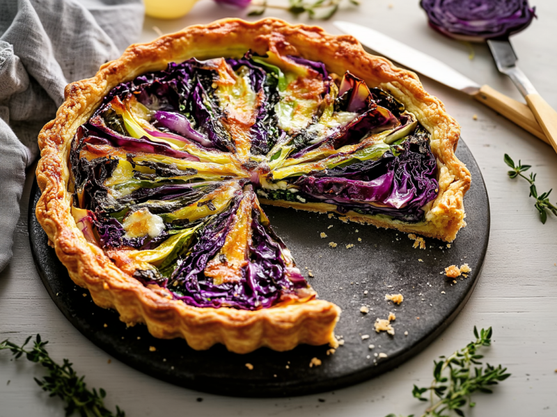 Eine angeschnittene bunte Kohltarte liegt auf einer schwarzen unterlage. Sie ist mit Rotkohl, Wirsing und Weißkohl gefüllt. Um sie herum liegt etwas frischer Thymian. Links neben der Tarte liegt ein Tuch. Rechts ein Messer und ein Tortenheber.