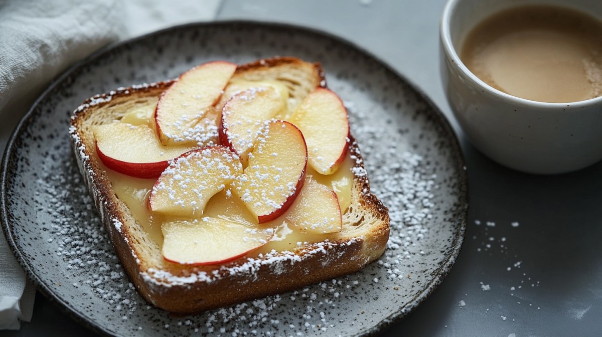 Ein Cheesecake-Toast mit geschnittenem Apfel auf einem Teller, daneben eine Tasse Kaffee.