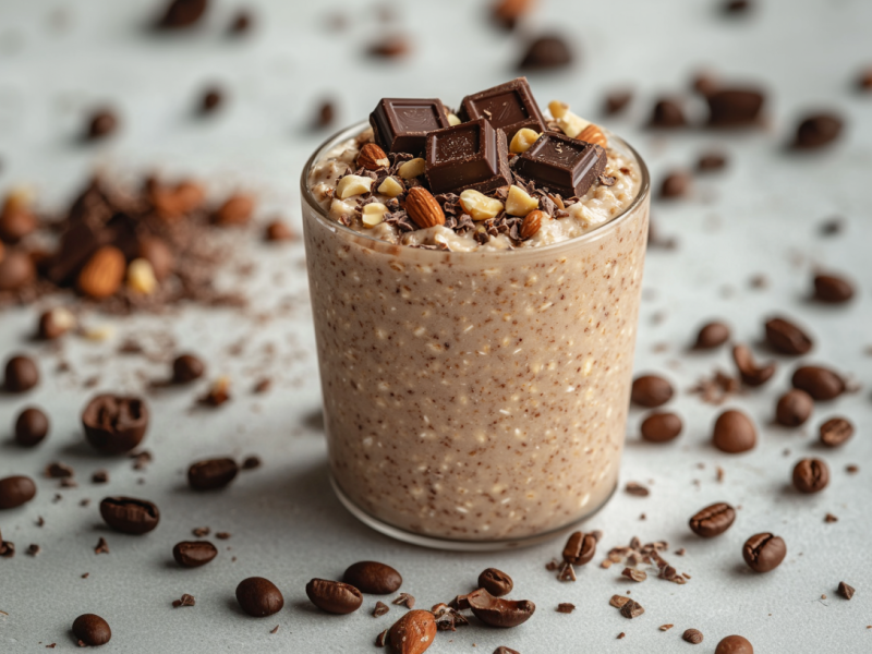 Ein Glas mit Cold Brew Overnight Oats steht auf einer grauen Fläche. Es ist mit Schokolade und Nüssen garniert. Um das Glas herum liegen Kaffeebohnen sowie weitere Nüsse.