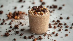 Ein Glas mit Cold Brew Overnight Oats steht auf einer grauen Fläche. Es ist mit Schokolade und Nüssen garniert. Um das Glas herum liegen Kaffeebohnen sowie weitere Nüsse.