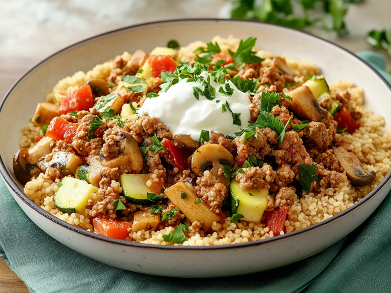 Ein Teller mit einer großen Portion Couscous-Hack-Pfanne, die mit einem Klecks Joghurt und frischer gehackter Petersilie garniert ist. Der Teller steht auf einer türkisfarbenen Stoffserviette. Ringsum liegt ein wenig frische Petersilie verteilt. Im Hintergrund ist ebenso frische Petersilie zu erkennen, sowie in der linken oberen Bildecke eine Holzschale angedeutet.