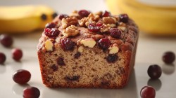 Ein angeschnittenes Cranberry-Bananenbrot mit Nüssen und Cranberrys garniert.