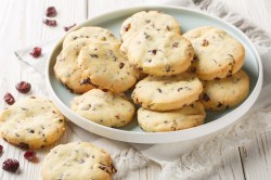 Ein weißer Teller mit einigen Cranberry-Orange-Shortbread-Cookies. Der Teller steht auf einem kleinen weiß-grau gestreiften Küchentuch. Neben den Teller liegen zwei einzelne Kekse und einige Cranberrys verstreut.