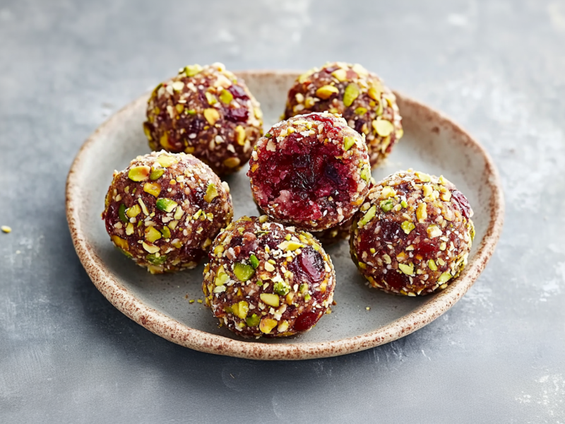 Ein kleiner Teller mit einigen Cranberry-Pistazien-Energy-Balls. Der Teller steht auf einer grauen Arbeitsfläche.