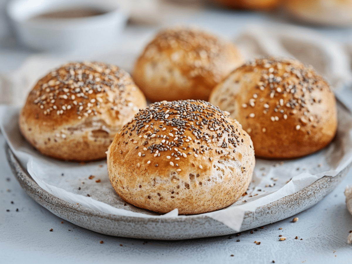 Ein Teller mit weißem Backpapier auf dem vier Dinkel-Skyr-Brötchen liegen, die mit Sesam und Chiasamen bestreut sind. Im Hintergrund kann man verschwommen eine Schale und weitere Brötchen erkennen. Um den Teller liegt ein beiges Küchentuch.