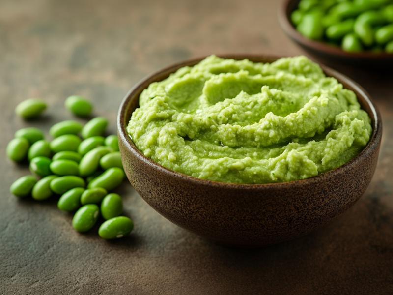 Eine Schale gefüllt mit Edamame-Hummus. Links neben der Schale liegen Edamamebohnen. Im Hintergrund steht eine weitere Schale mit Edamamebohnen.