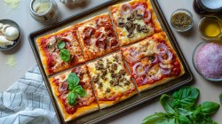 Familienpizza vom Blech in der Draufsicht, geschnitten in 6 Stücke, die alle anders belegt sind. Drumherum Zutaten.