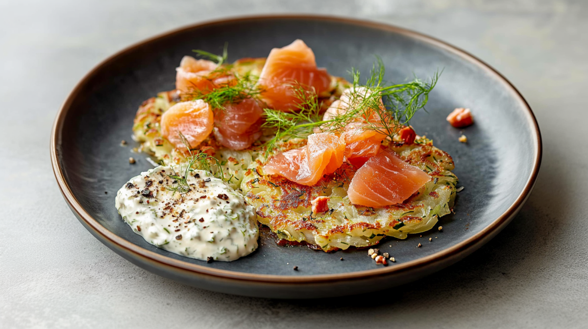 Ein dunkelgrauer Teller mit einer Portion Fenchelrösti mit Räucherlachs und Ricotta-Dip garniert mit frischem Dill. Der Teller steht auf einem hellgrauen Untergrund. Ringsum ist nichts weiter zu sehen.