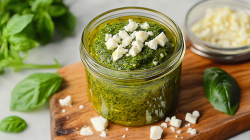 Ein Glas grünes Feta-Pesto mit einigen Feta-Bröseln garniert. Daneben Basilikumblätter und mehr Käse.