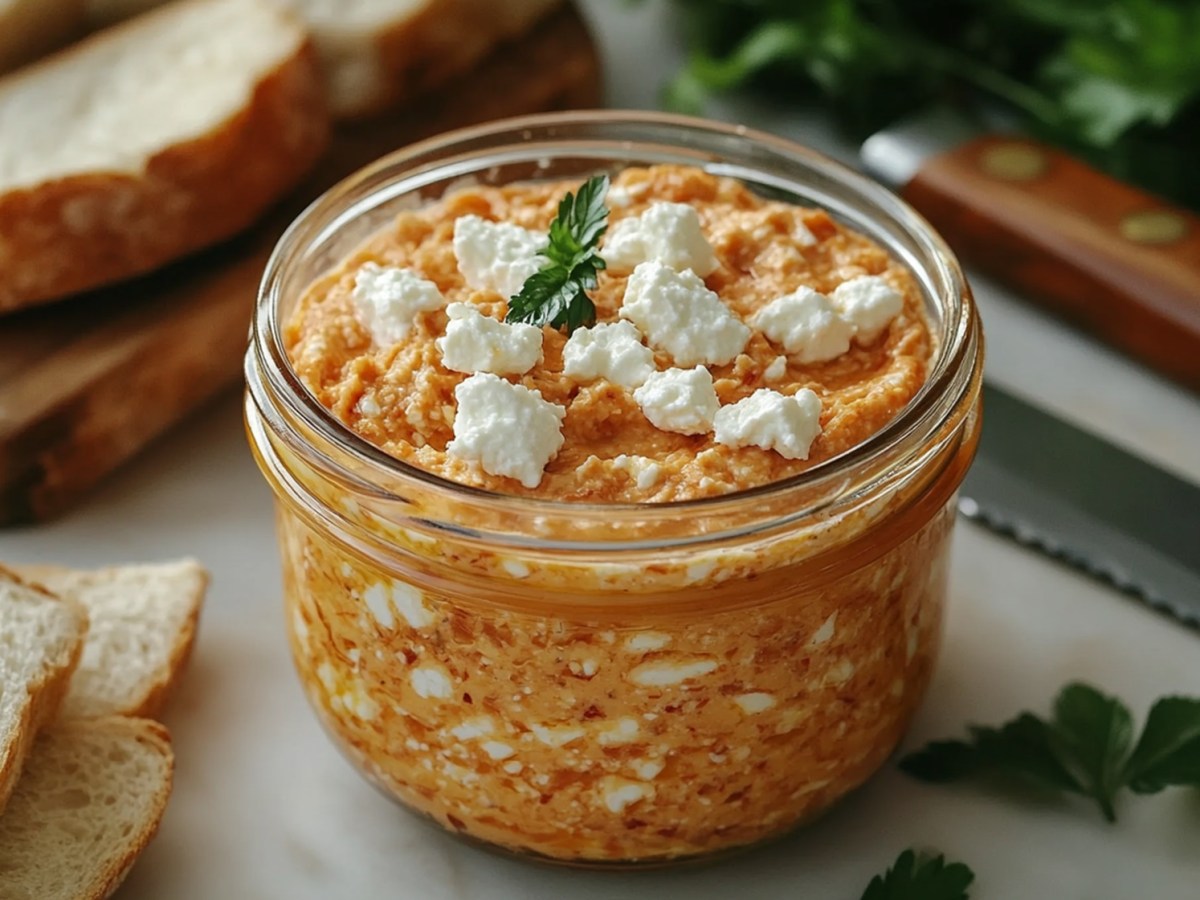 Glas mit Feta-Quark-Aufstrich mit getrockneten Tomaten