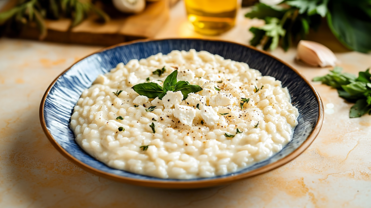 Ein tiefer Teller Feta-Risotto mit Schafskäse und Kräutern.