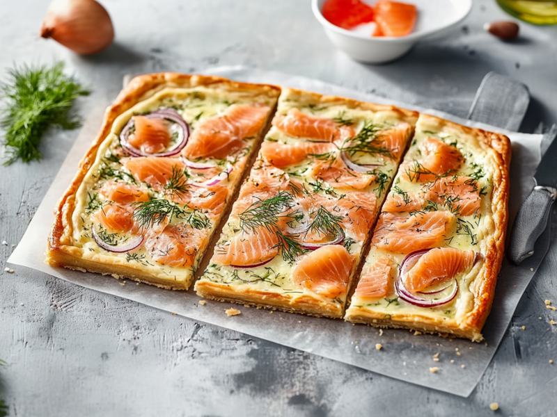 Ein Flammkuchen mit Räucherlachs, roten Zwiebeln und Dill, der auf einem Stück Backpapier auf einer grauen Arbeitsfläche liegt. Der Flammkuchen in drei Stücke geschnitten. Um den Flammkuchen herum liegen frischer Dill und Zwiebeln verteilt. Außerdem ist eine Schale mit Lachsstücken und eine Schale mit Knoblauchzehen zu sehen und im Hintergrund ein Gefäß mit Öl angeschnitten.