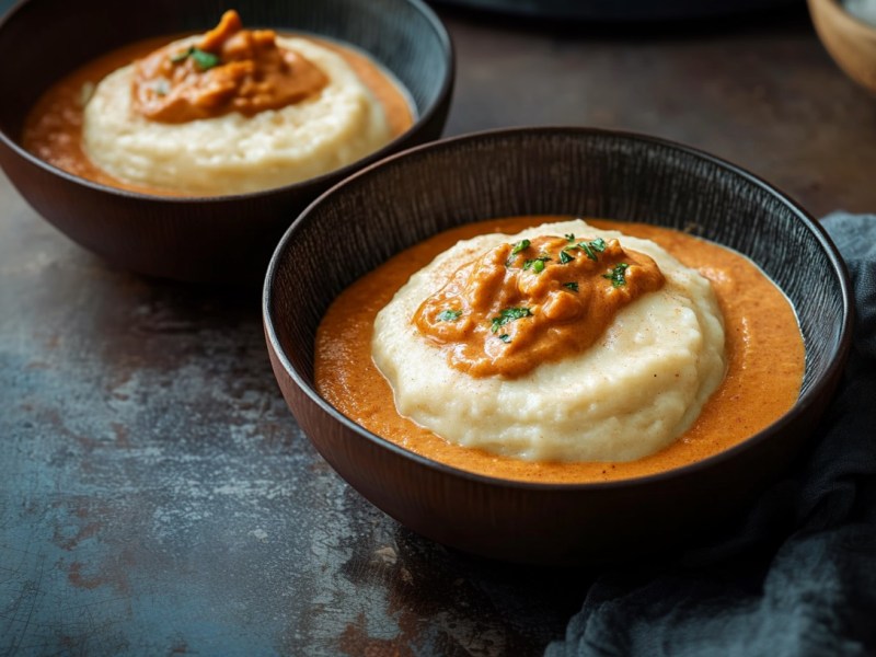 Zwei Schalen Fufu mit Erdnusssoße stehen auf einem dunklen Tisch. Der Fufu ist mit erwas Erdnussoße bedeckt. Links neben der hinteten Schale liegt ein Löffel. Im Vordergrund rechts liegt ein Tuch.