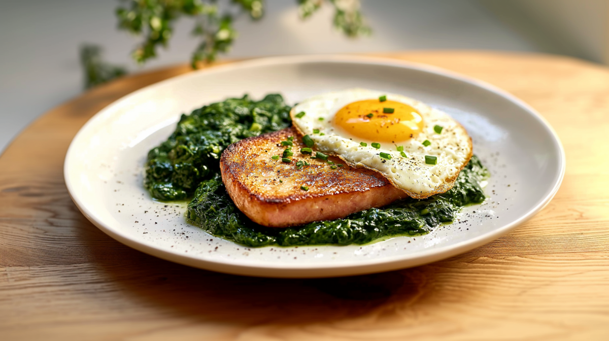 Ein großer Teller mit gebratenem Leberkäse mit Spiegelei und Spinat garniert mit etwas frischem Schnittlauch. Der Teller steht auf einem braunem Holztisch. Im Hintergrund sind Zweige einer Pflanze zu sehen.