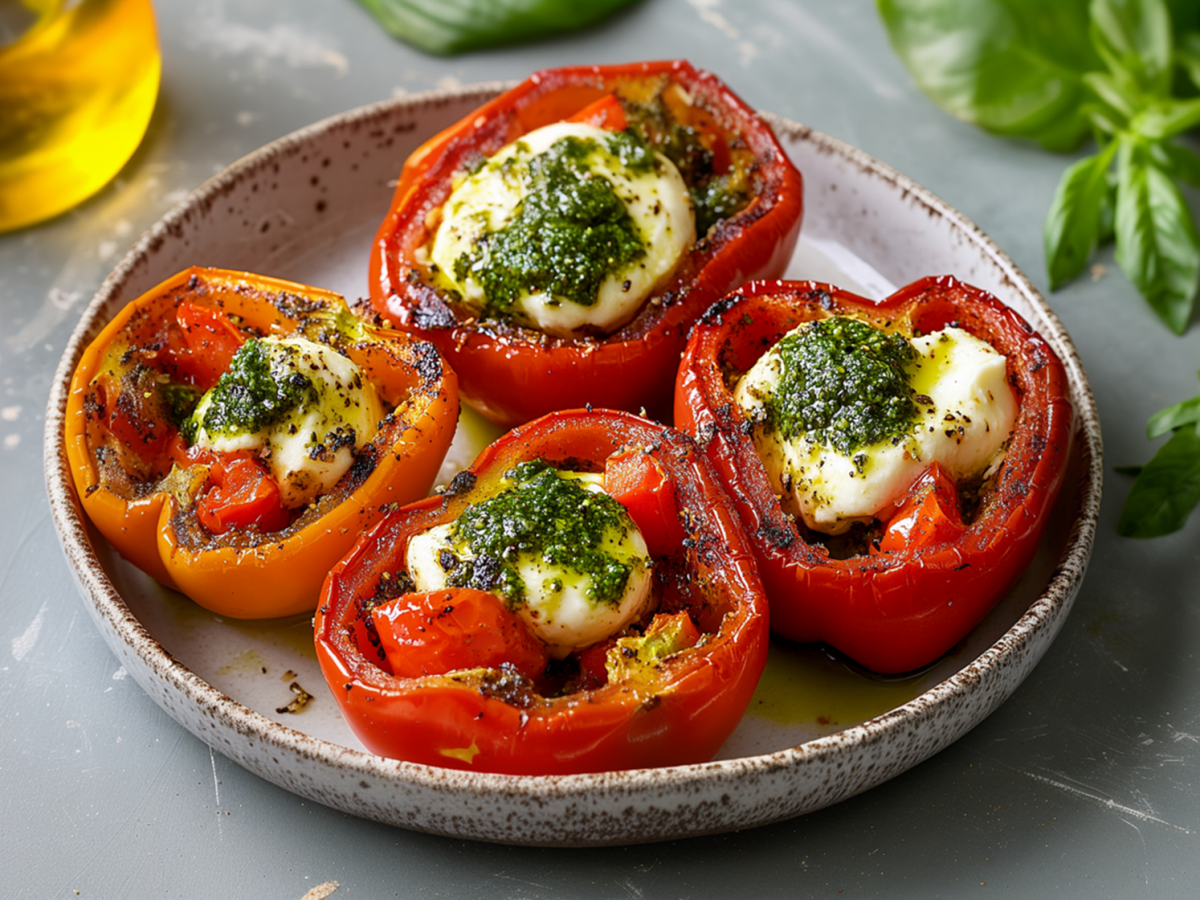 Ein Teller mit vier gefüllten Paprika à la Caprese mit Pesto. Neben dem Teller liegt frisches Basilikum und eine einzelne Tomate. Außerdem kann man ein Gefäß mit Öl erkennen.