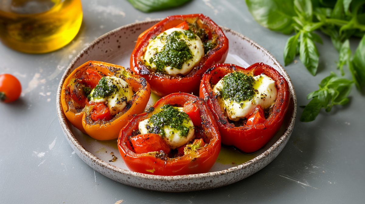 Ein Teller mit vier gefüllten Paprika à la Caprese mit Pesto. Neben dem Teller liegt frisches Basilikum und eine einzelne Tomate. Außerdem kann man ein Gefäß mit Öl erkennen.