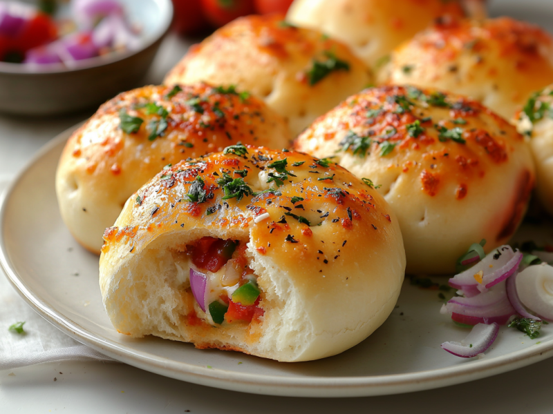 Gefüllte Pizzabrötchen liegen auf einem Teller. Sie sind mit Zwiebeln, Käse und Paprika gefüllt. Neben den Brötchen liegen noch einige Zwiebelstücke. Im Hintergrund steht eine Schale mit weiteren Zwiebeln und Paprikastücken.