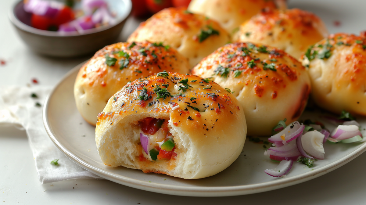 Gefüllte Pizzabrötchen liegen auf einem Teller. Sie sind mit Zwiebeln, Käse und Paprika gefüllt. Neben den Brötchen liegen noch einige Zwiebelstücke. Im Hintergrund steht eine Schale mit weiteren Zwiebeln und Paprikastücken.