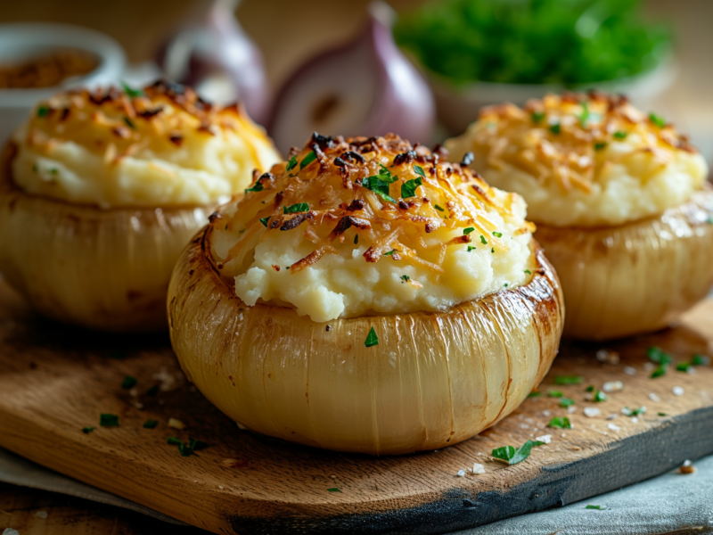 Drei gefüllte Zwiebeln mit Bergkäse liegen auf einem Holzbrett. Sie sind mit Stampfkartoffeln und Käse gefüllt. Im Hintergrund liegen noch weitere Zwiebeln, frische Kräuter und Knoblauch.