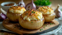 Drei gefüllte Zwiebeln mit Bergkäse liegen auf einem Holzbrett. Sie sind mit Stampfkartoffeln und Käse gefüllt. Im Hintergrund liegen noch weitere Zwiebeln, frische Kräuter und Knoblauch.