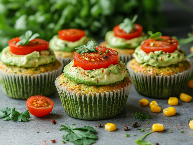 Fünf Gemüse-Cupcakes stehen auf einer grauen Arbeitsfläche. Um sie herum verteilt liegen Maiskörner, Tomaten und Koriander. Im Hintergrund sieht man eine halbierte Avocado.