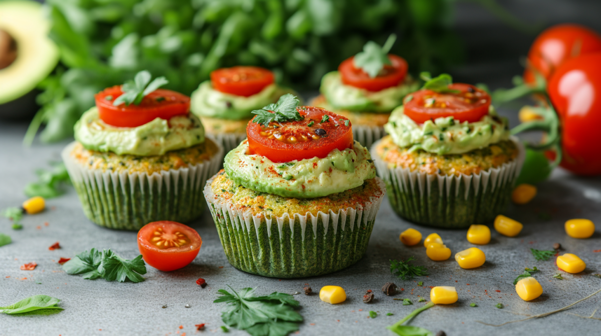 Fünf Gemüse-Cupcakes stehen auf einer grauen Arbeitsfläche. Um sie herum verteilt liegen Maiskörner, Tomaten und Koriander. Im Hintergrund sieht man eine halbierte Avocado.