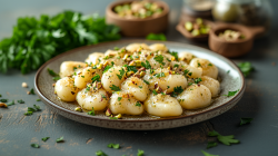 Ein grauer Teller mit einer Portion selbst gemachter Gnocchi in Petersilienbutter garniert mit gehackter frischer Petersilie und gehackten Pistazien. Der Teller steht auf einer dunkelgrau gestrichenen Holzoberfläche. Im Hintergrund kann man einen Bund Petersilie sowie Schalen mit Pistazien erkennen. Rund um den Teller liegt gehackte Petersilie verstreut.