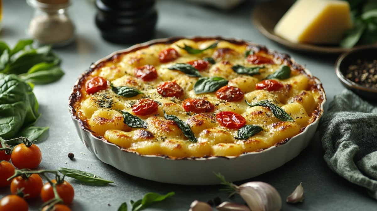 Gnocchi-Spinat-Gratin mit Spinat und Tomaten in runder Auflaufform, drumherum einige frische Zutaten.