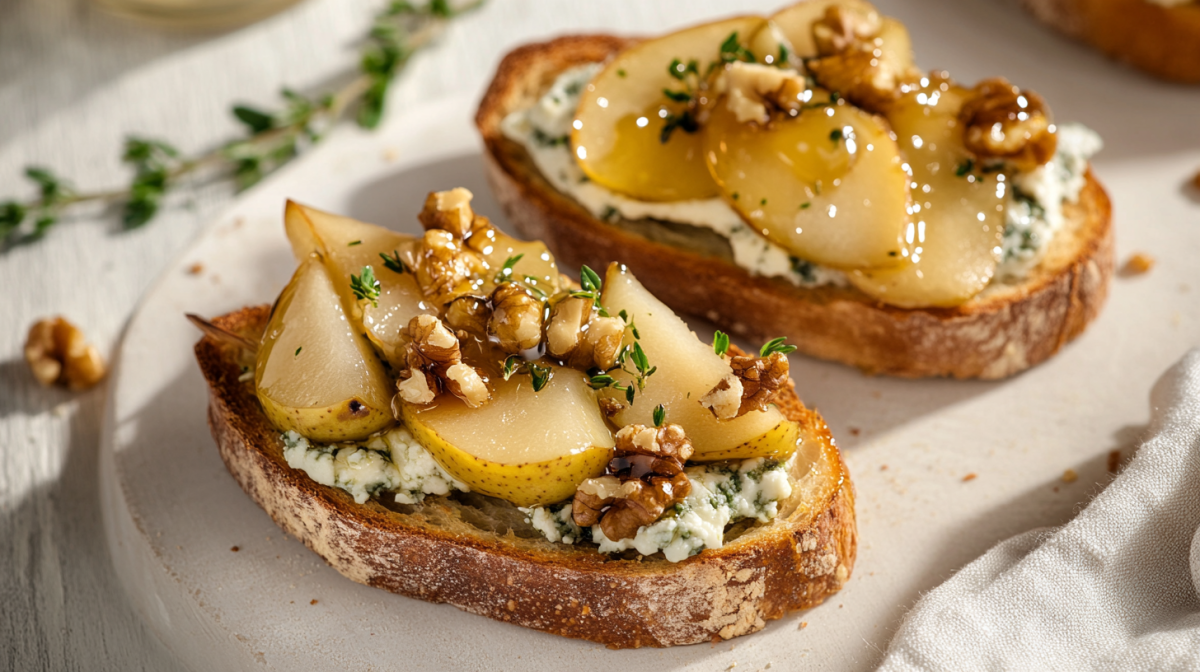 Zwei Scheiben Gorgonzola-Birnen-Bruschetta auf einem Serviertablett.